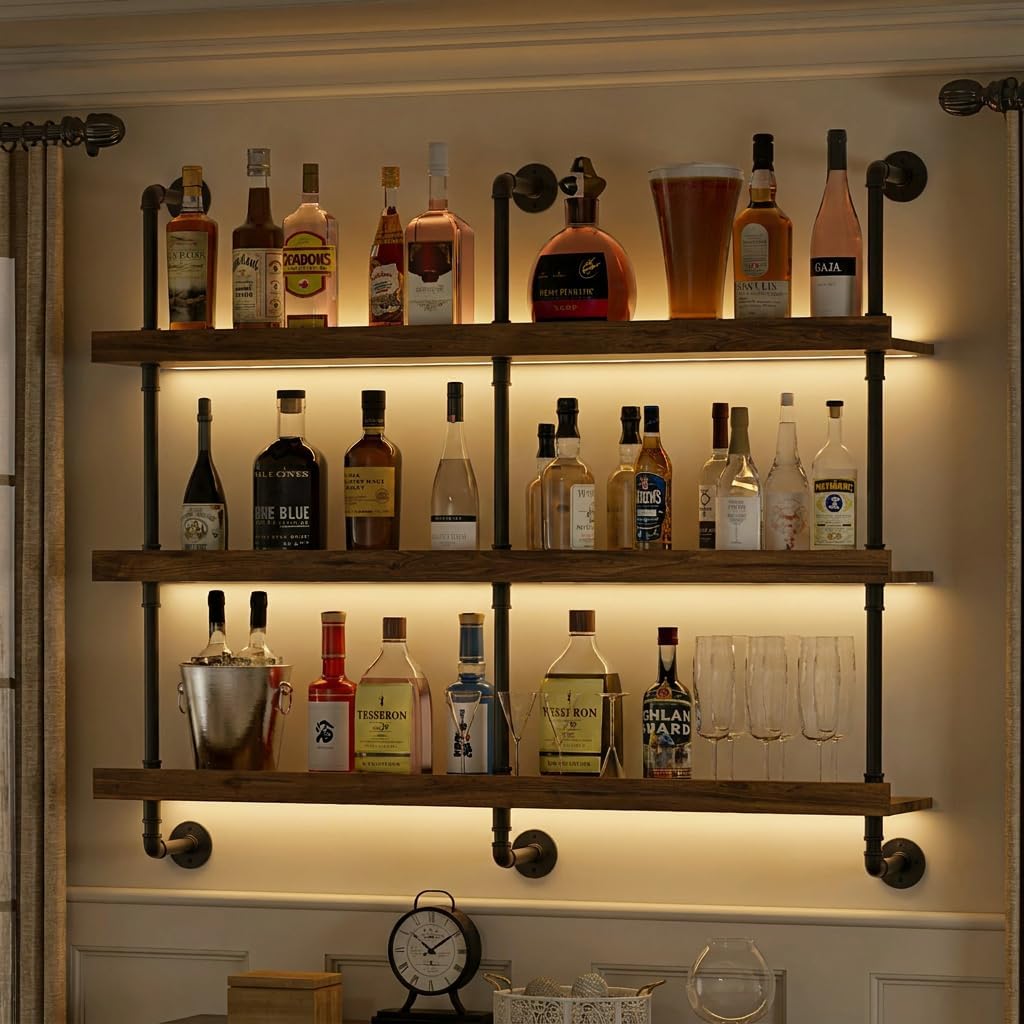 Home Bar Shelves - Duvara Monte LED Işıklı Üç Katmanlı