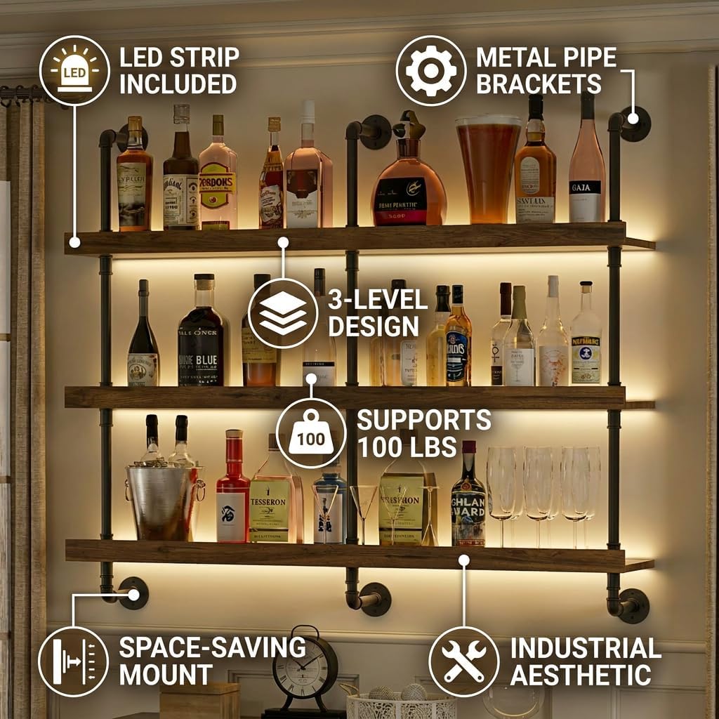 Duvara Monte LED Işıklı Üç Kat - Home Bar Shelves incelemesi ve fiyatı